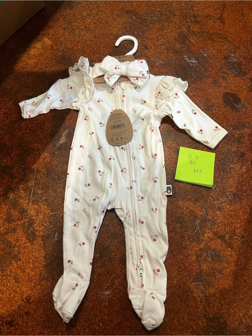 Baby Girls Organic Cherry Print One-Piece Long Sleeve Footies with Bow 0-3 Month